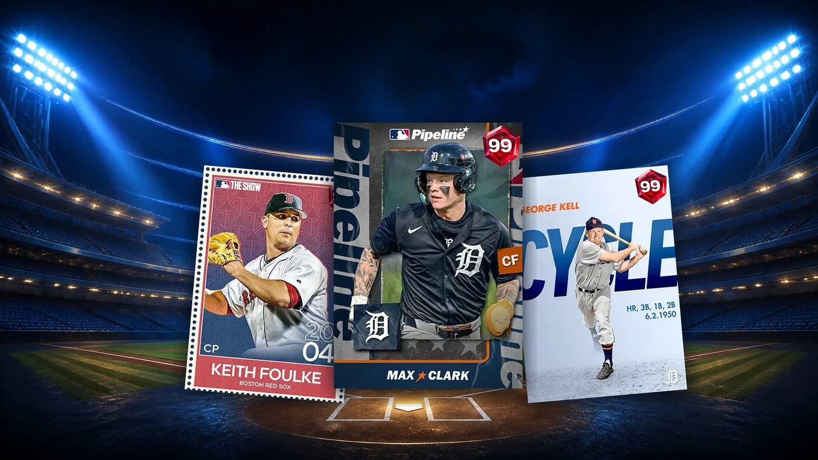 99 OVR Max Clark, Keith Foulke, and George Kell cards over an empty blue and gold night stadium