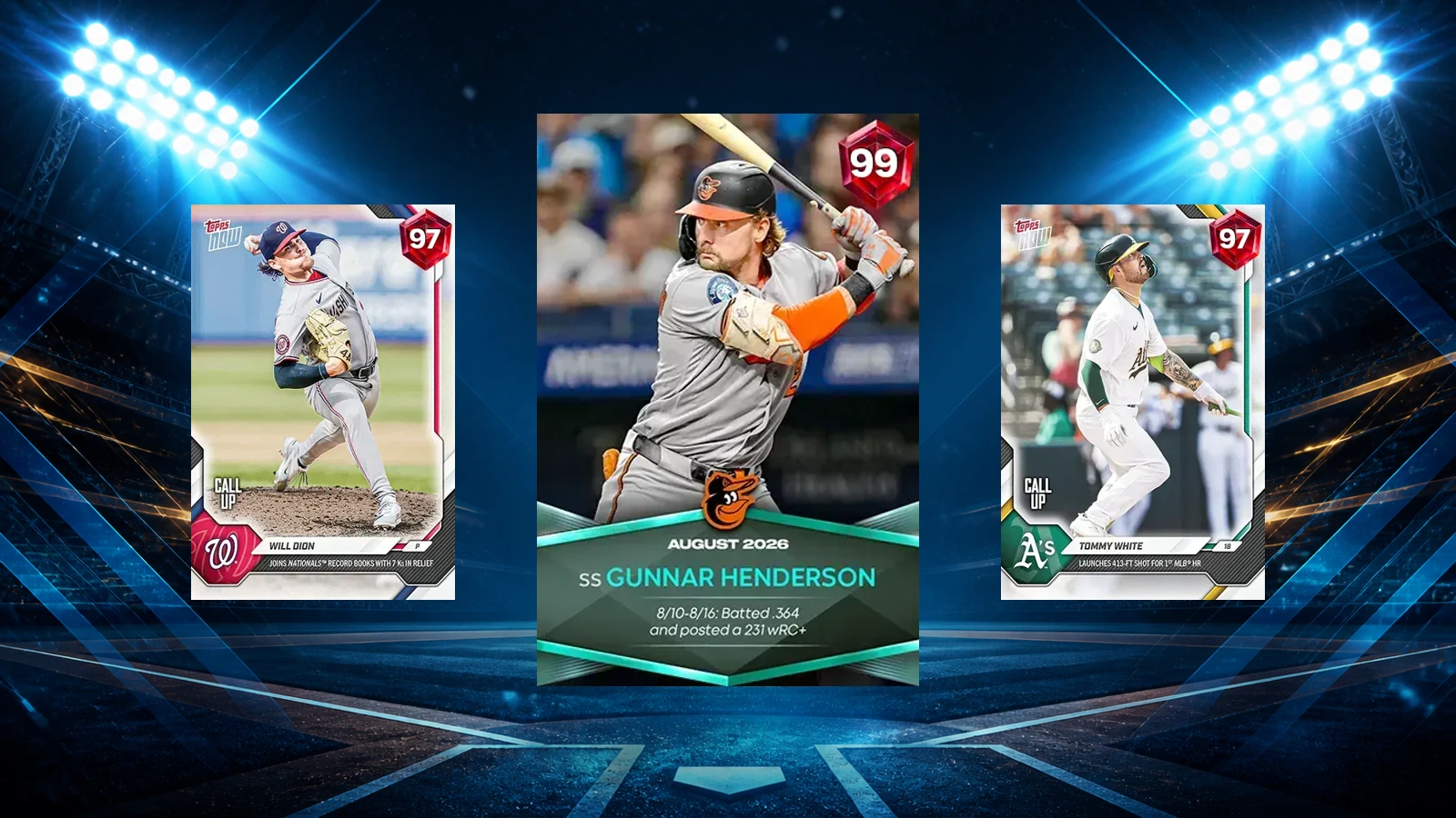 Gunnar Henderson, Will Dion and Tommy White MLB The Show 26 cards over an unbranded blue night ballpark background