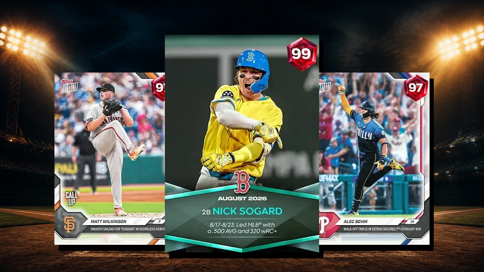 Nick Sogard Spotlight card with Matt Wilkinson and Alec Bohm Topps Now cards over an unbranded night ballpark background