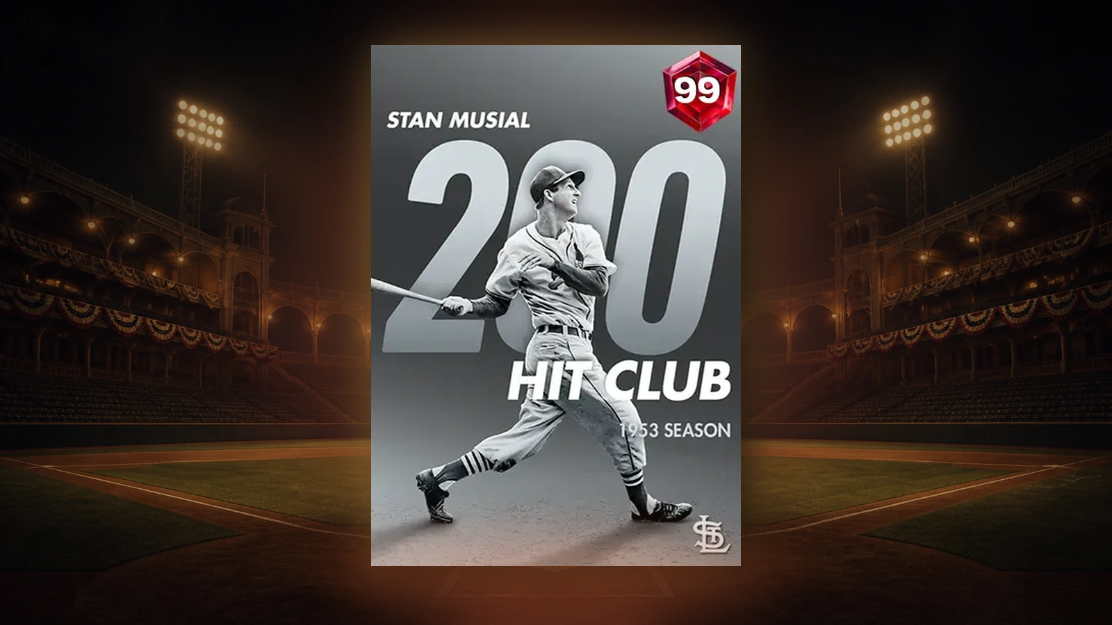 99 OVR Stan Musial 200 Hit Club Milestone card in an empty vintage ballpark