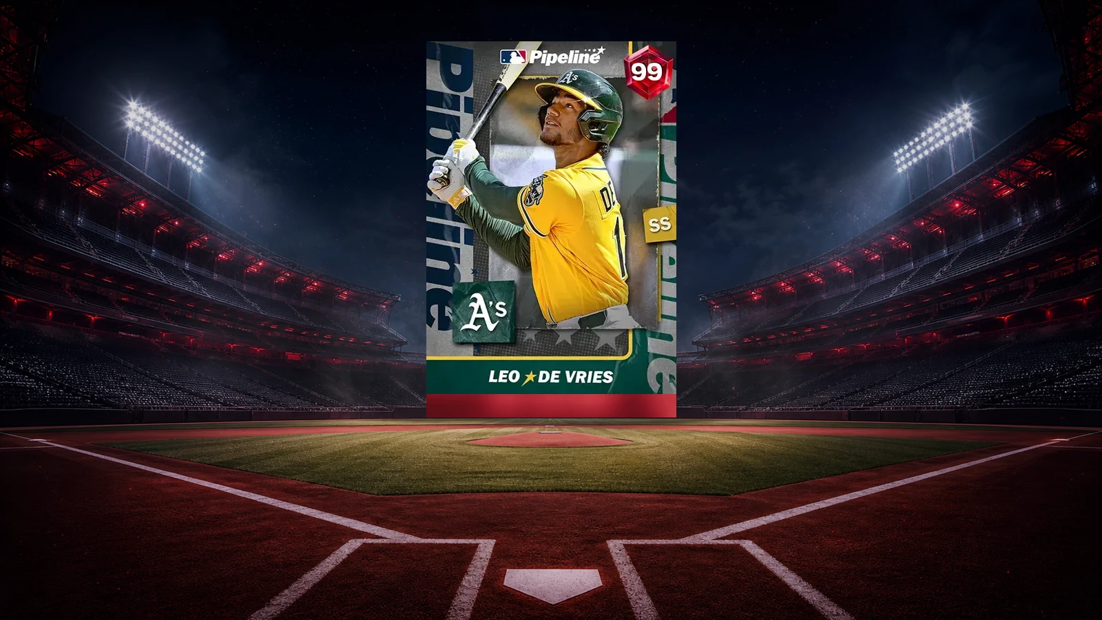 Leo De Vries Pipeline card over an empty red-lit night baseball stadium