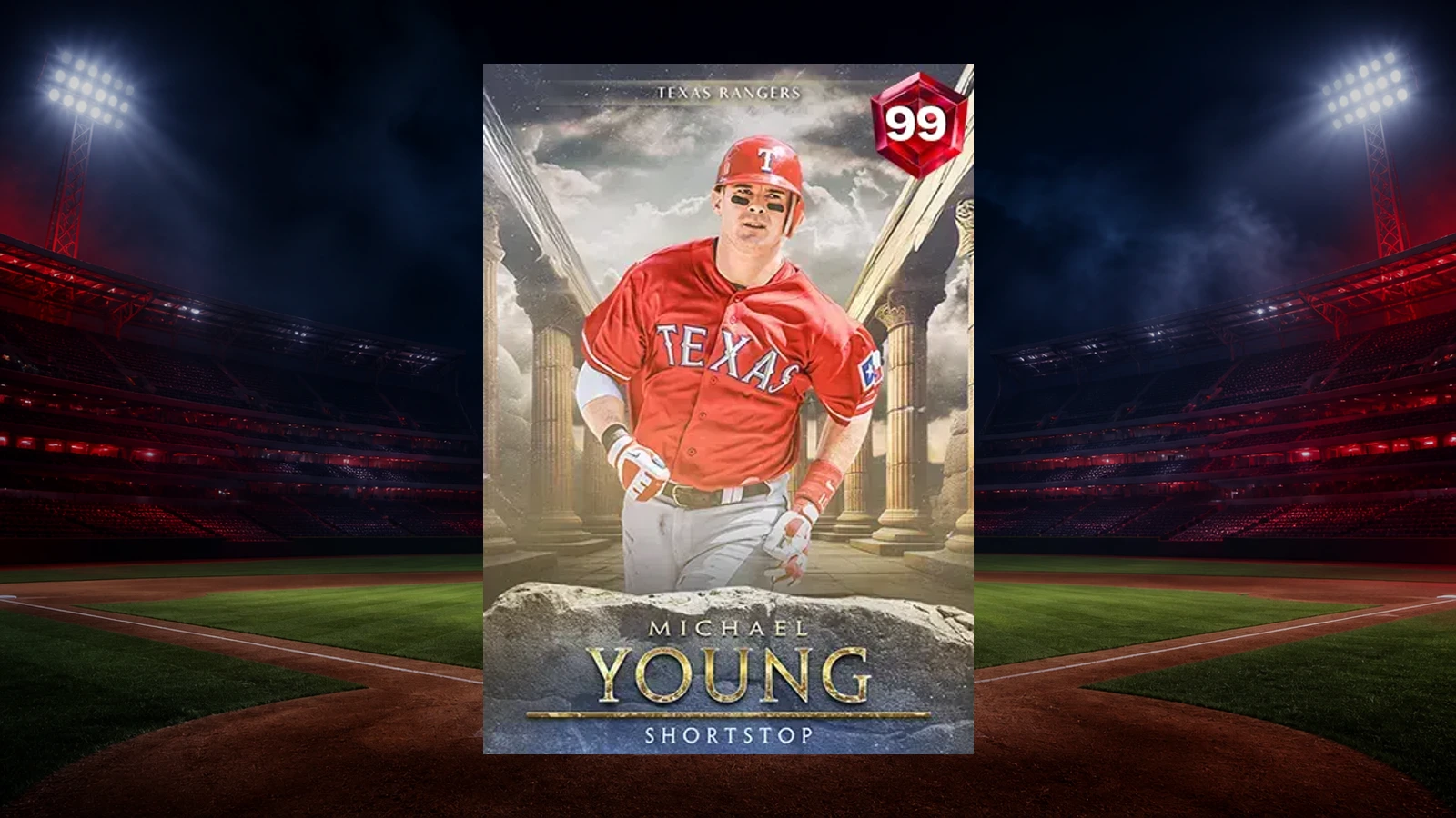 Michael Young's 99 OVR Cornerstone card centered over a night baseball stadium background
