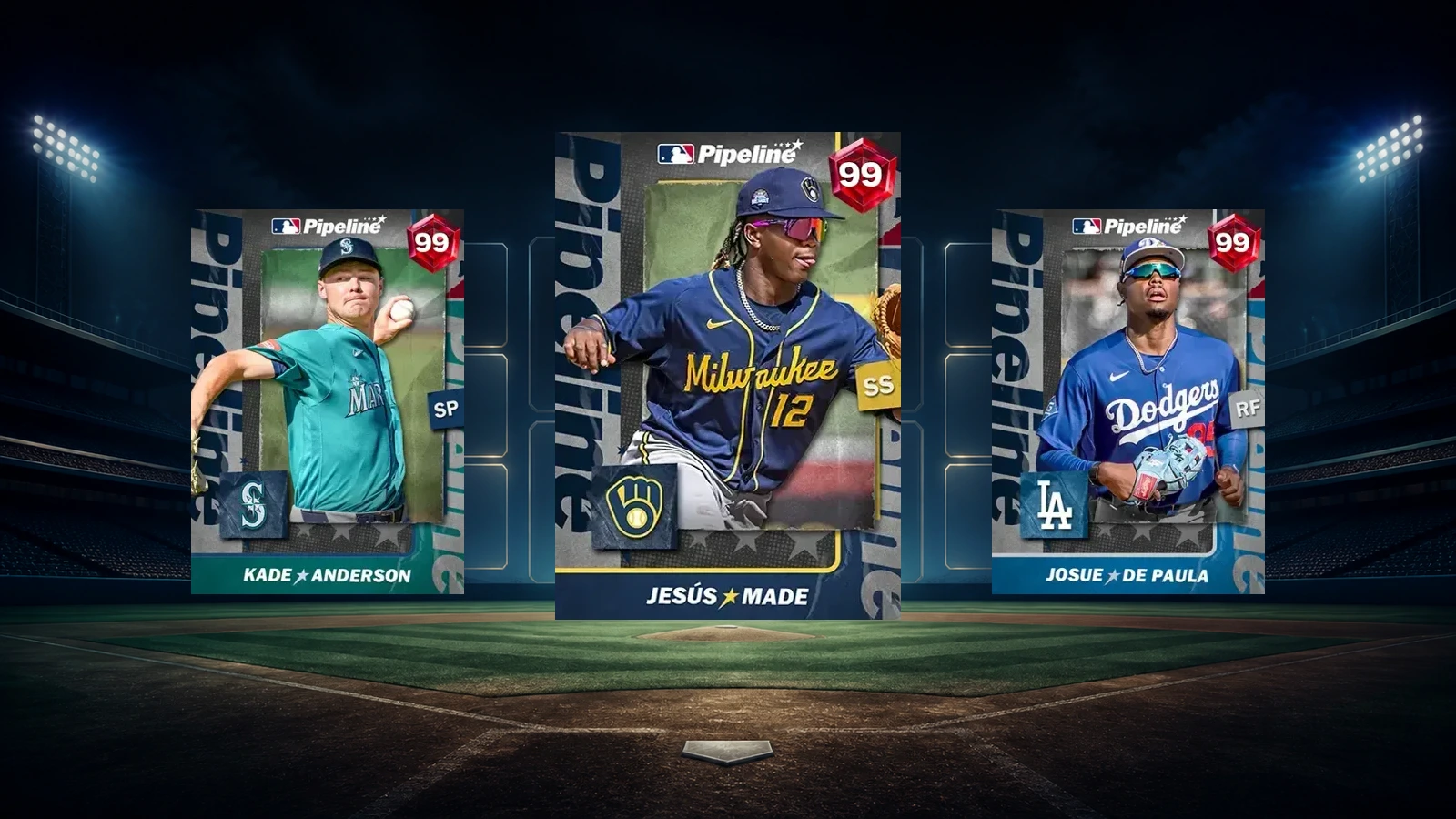 Kade Anderson, Jesús Made and Josue De Paula Pipeline cards over an unbranded night ballpark background