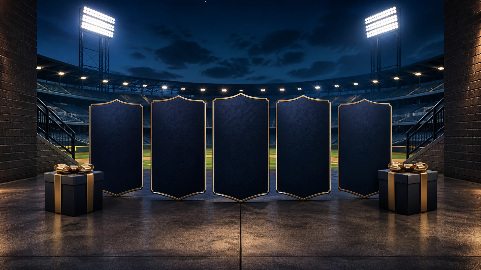 Five blank navy reward-card silhouettes and gift boxes in a night baseball stadium