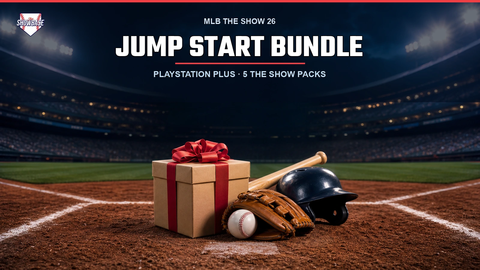 A theSHOWBASE-branded baseball stadium with a gift box and gear, titled Jump Start Bundle: PlayStation Plus, 5 The Show Packs.