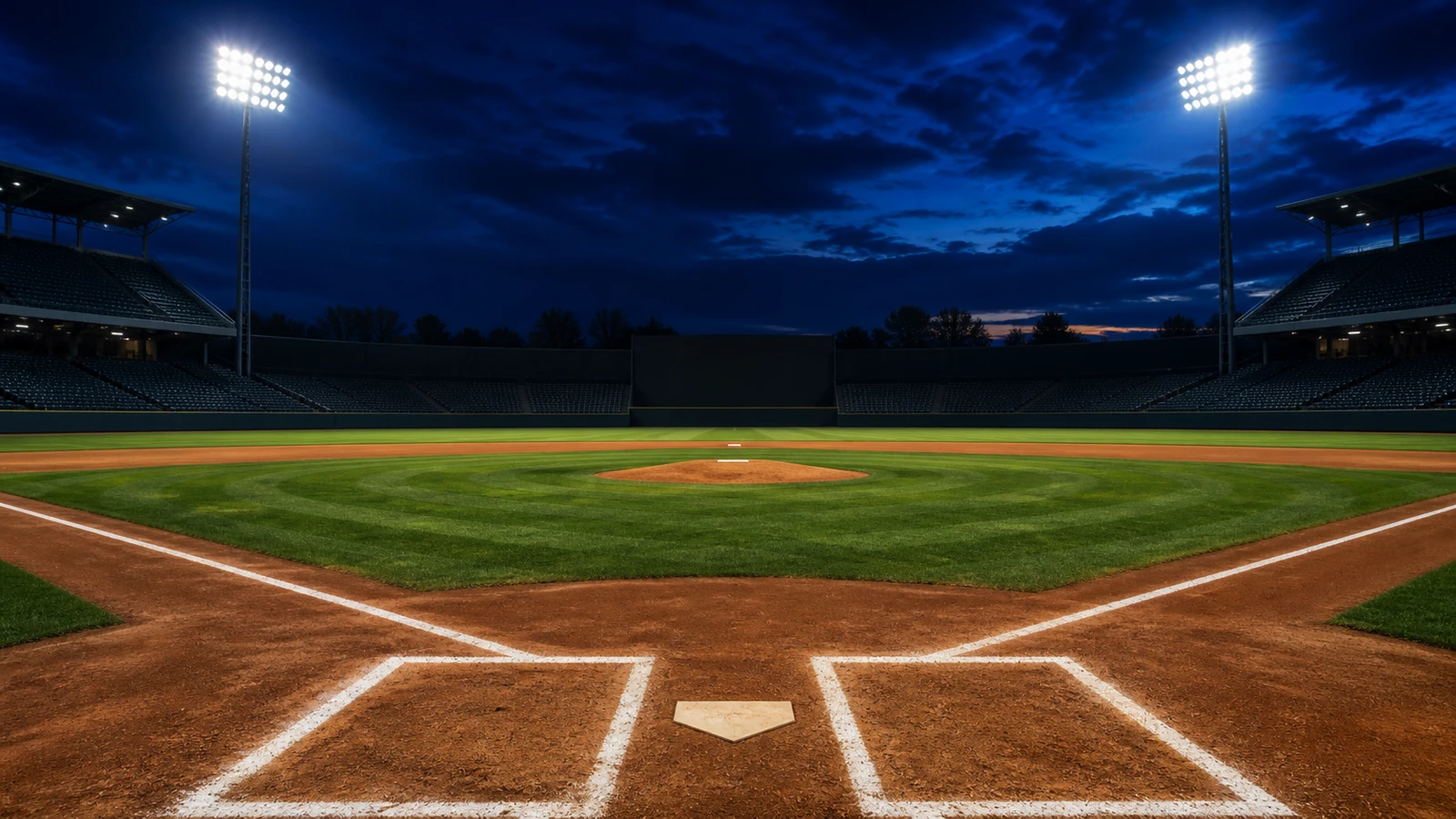 An empty baseball stadium lit at blue hour from behind home plate