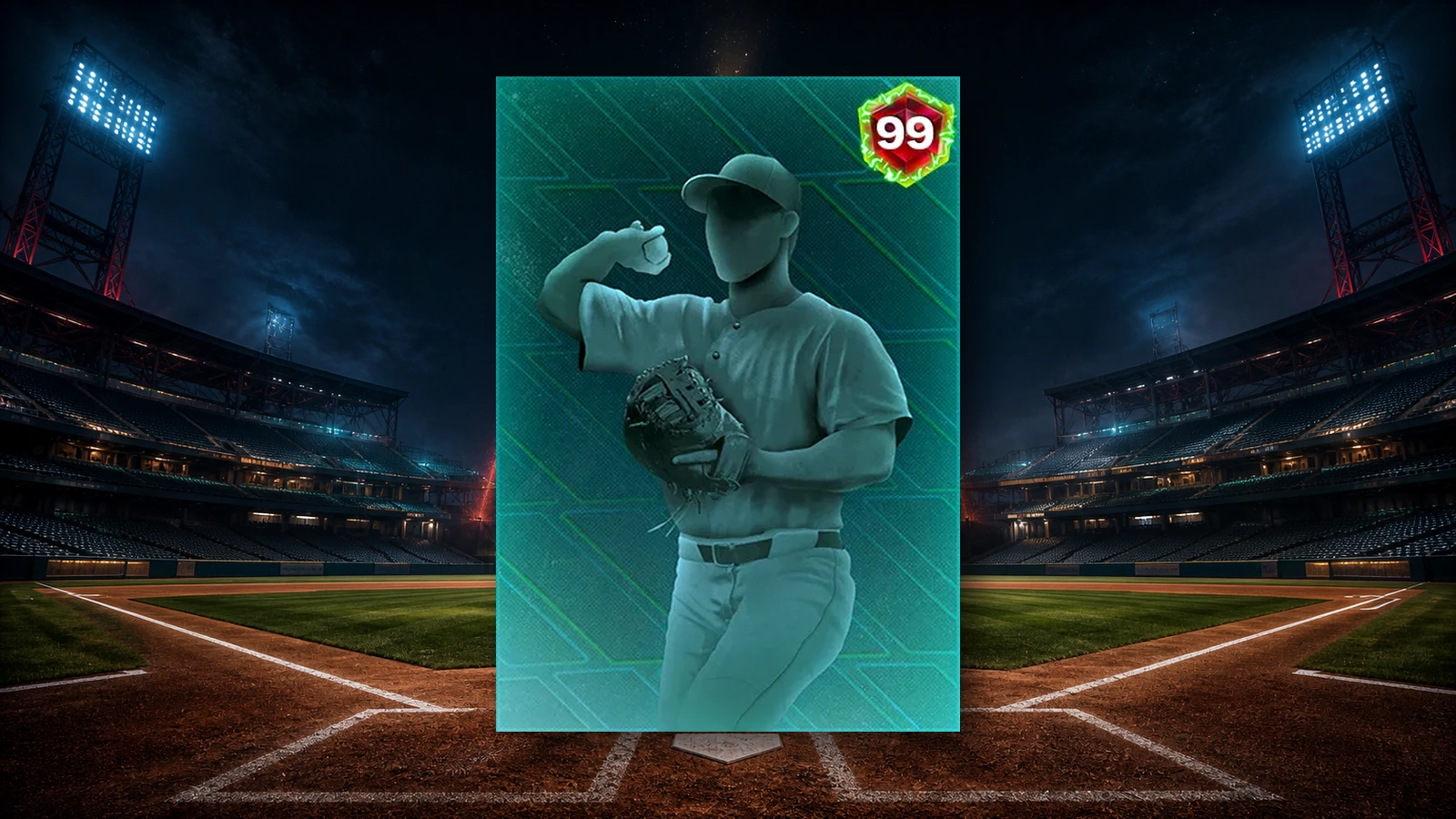 The 99 OVR Joshua Báez Pipeline card over an empty night ballpark with three glowing home-run arcs