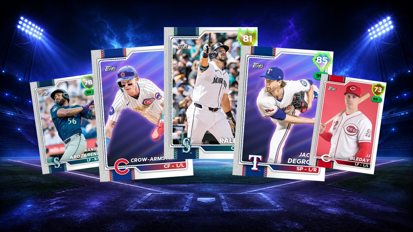 Randy Arozarena, Pete Crow-Armstrong, Cal Raleigh, Jacob deGrom and JJ Bleday Supercharged Live Series cards over an unbranded blue night ballpark background