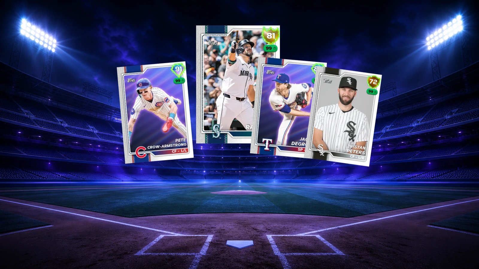 Pete Crow-Armstrong, Cal Raleigh, Jacob deGrom and Tristan Peters Supercharged Live Series cards over an unbranded blue-violet night ballpark background