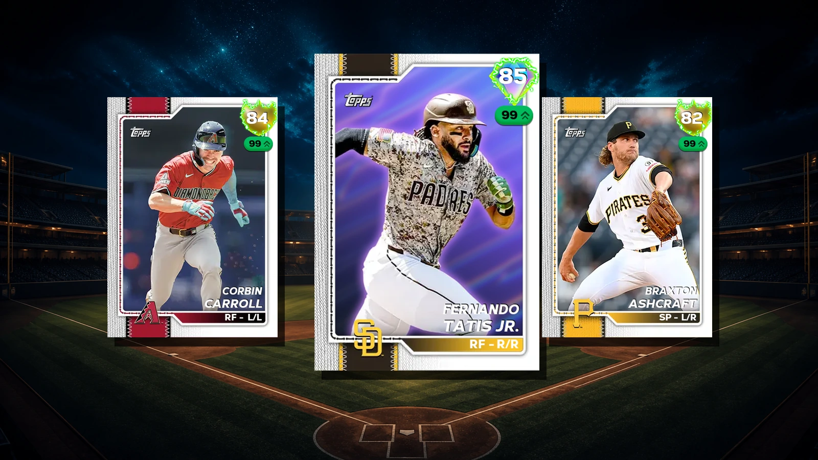 Fernando Tatis Jr., Corbin Carroll and Braxton Ashcraft Live Series cards over a dark night ballpark background