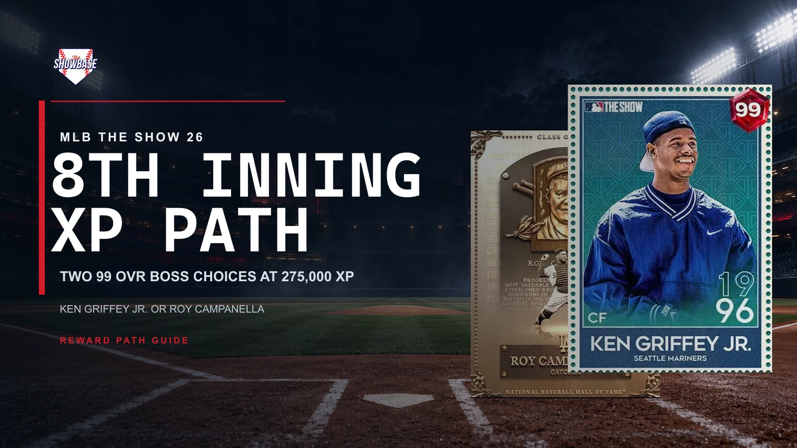 Ken Griffey Jr. and Roy Campanella 99 OVR MLB The Show 26 cards beside the 8th Inning XP Path headline