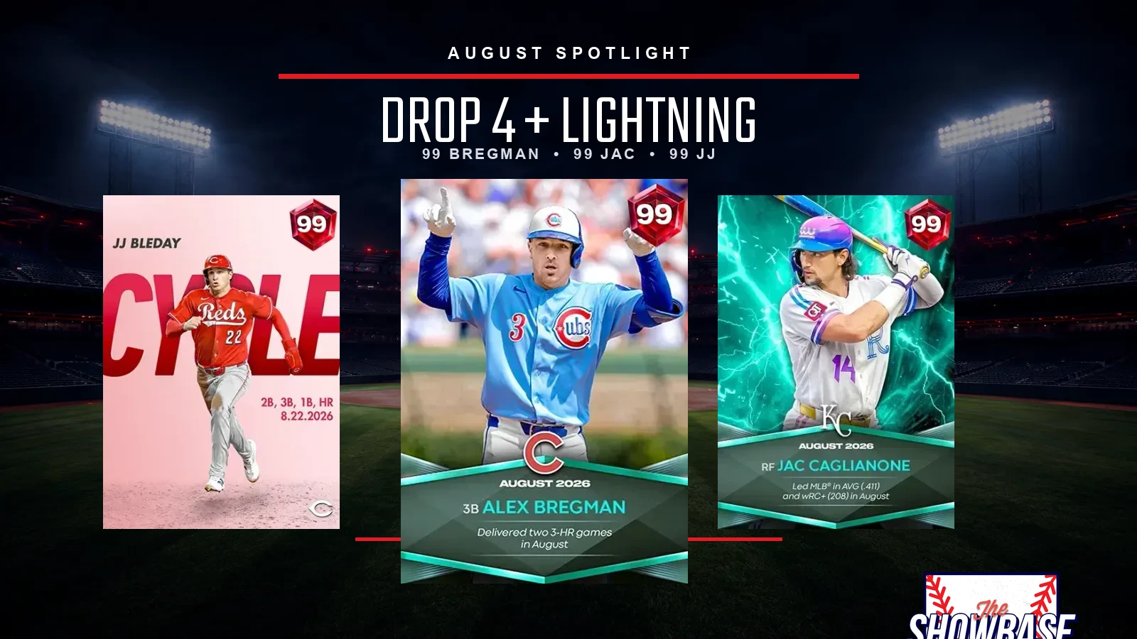 99 OVR JJ Bleday, Alex Bregman and Jac Caglianone cards over a night baseball stadium with an August Spotlight Drop 4 and Lightning editorial label