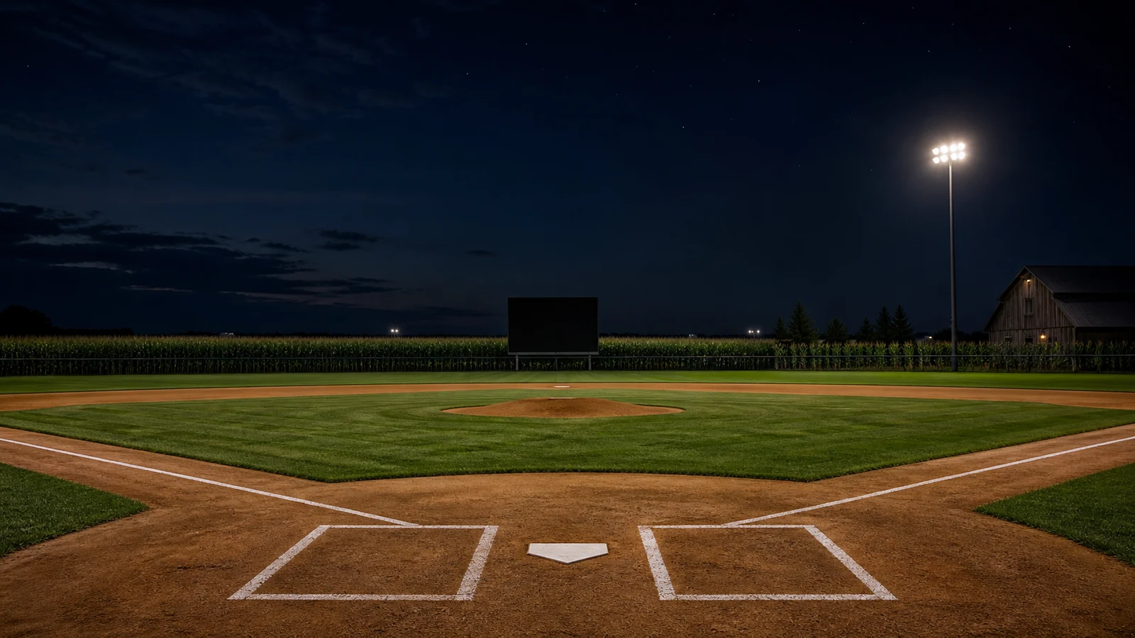 An empty baseball diamond under lights at night with a cornfield beyond the outfield