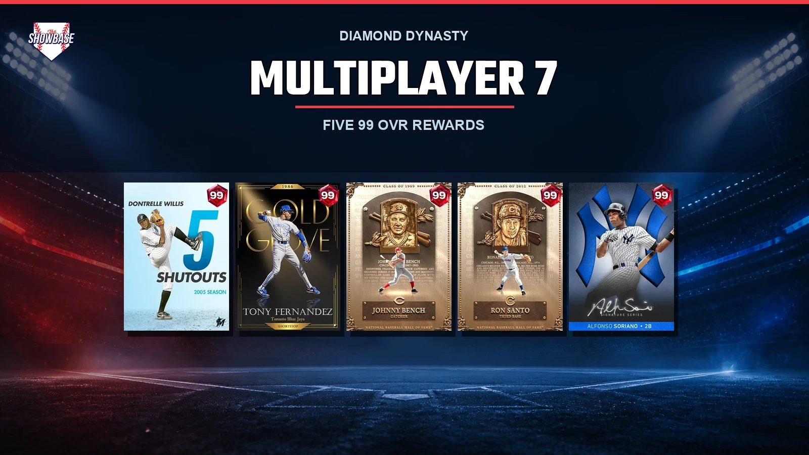 A theSHOWBASE-branded Multiplayer 7 feature image with the exact Dontrelle Willis, Tony Fernandez, Johnny Bench, Ron Santo and Alfonso Soriano 99 OVR reward cards.