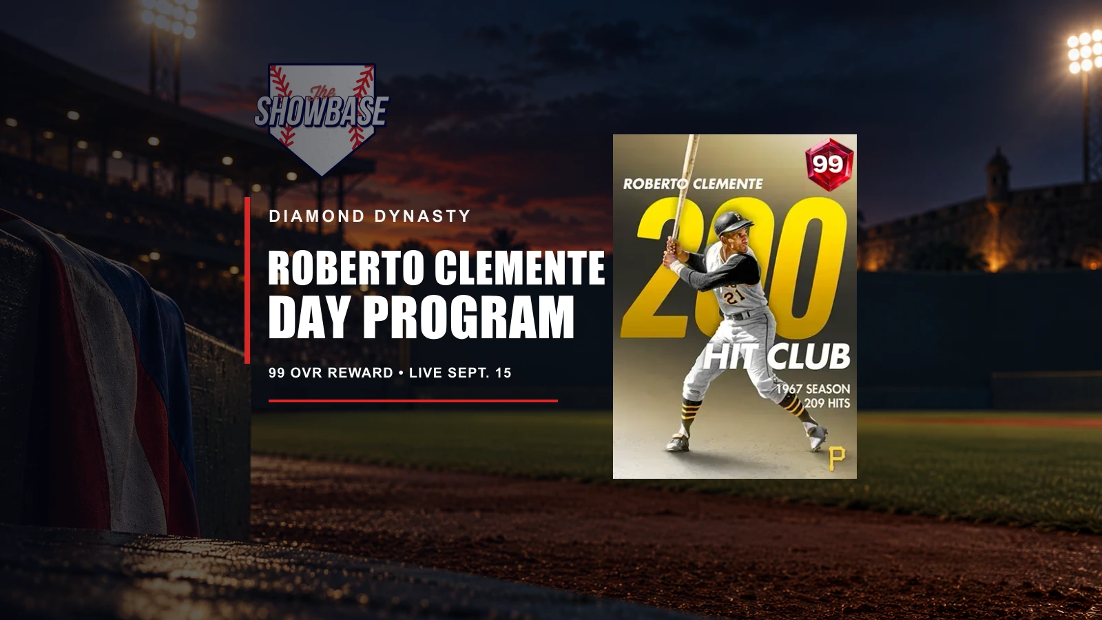 Roberto Clemente's 99 OVR Milestone card beside the Roberto Clemente Day Program headline