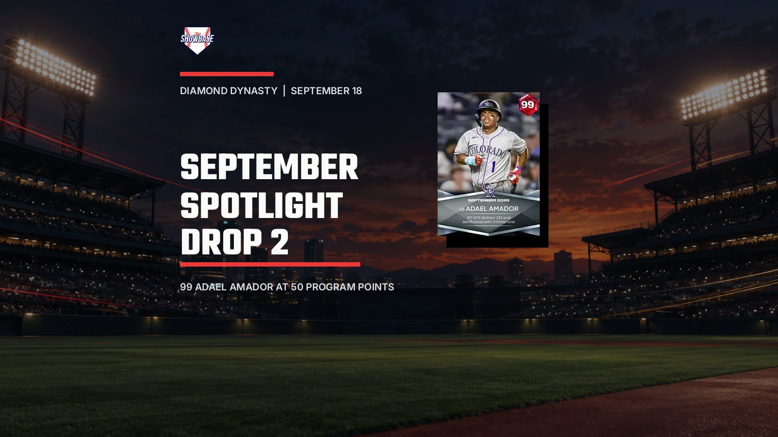 Adael Amador's 99 overall September Spotlight card on a dusk baseball stadium background with September Spotlight Drop 2 text